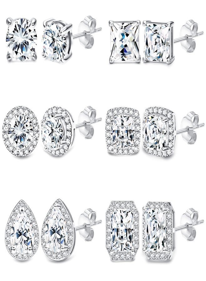 SAILIMUE 6Pairs Stainless Steel Cubic Zirconia Stud Earrings for Women Men 18K White Gold Plated Brilliant Round Square Teardrop Simulated Diamond Halo Stud Earrings CZ Stud Earrings Set - Image 1